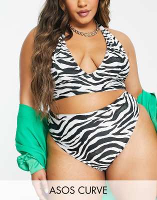 ASOS DESIGN Curve - Mix and Match - Bikinihose mit Zebramuster und hohem Beinausschnitt-Bunt