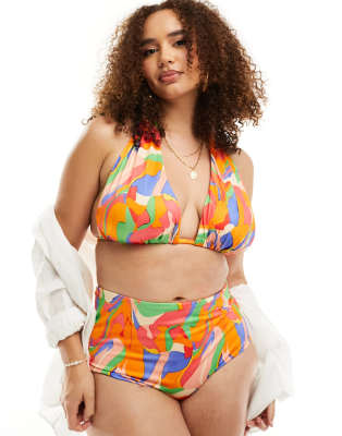 ASOS DESIGN Curve - Mix and Match - Bikiniohose mit hohem Bund und leuchtendem abstraktem Muster-Bunt