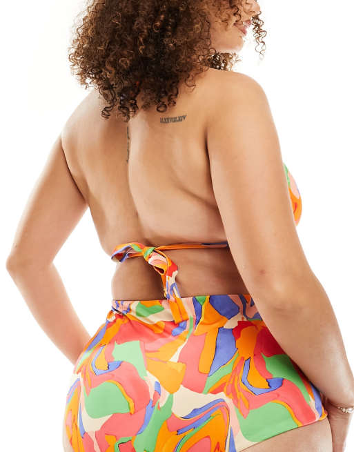 ASOS DESIGN Curve – Mix and Match – Bikiniohose mit hohem Bund und leuchtendem abstraktem Muster, 3 von 4