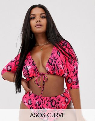 ASOS DESIGN curve - Mix and match - Bikinitop met lange mouwen, gestrikte voorkant en neon slangenprint in roze