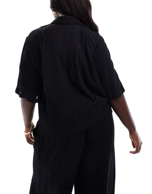 ASOS DESIGN Curve - Mix and Match - Camicia da spiaggia squadrata in tessuto stropicciato nera , 3 di 4