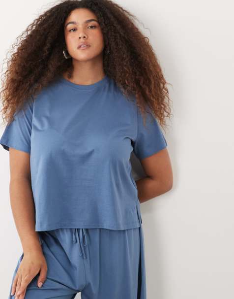 ASOS DESIGN Curve Mix and Match cotton pyjama oversized tee with side splits in denim blue - view 1