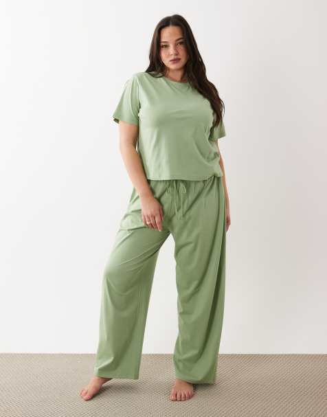 ASOS DESIGN Curve Mix and Match cotton pyjama pants in sage green - view 1