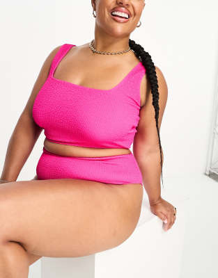 ASOS DESIGN Curve mix and match crinkle crop longline bikini top in pop pink