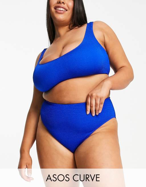 ASOS DESIGN Curve mix and match crinkle high leg high waist bikini bottom  in cobalt blue