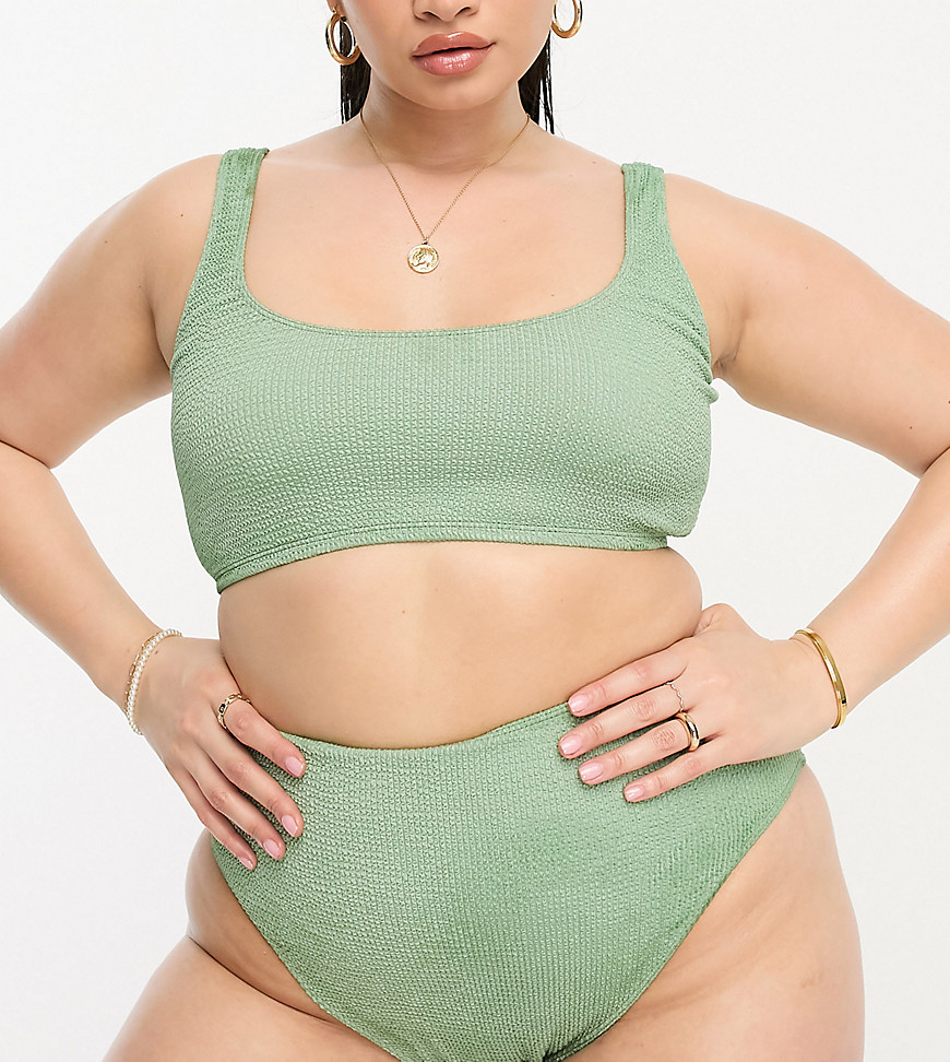 ASOS DESIGN Curve mix and match crinkle high leg high waist bikini bottom in khaki-Green