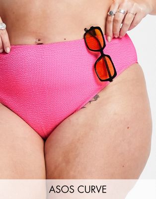 ASOS DESIGN Curve mix and match crinkle high leg high waist bikini bottom in neon pink