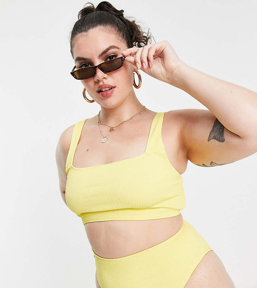 ASOS DESIGN curve mix and match crinkle high waist bikini bottom in yellow