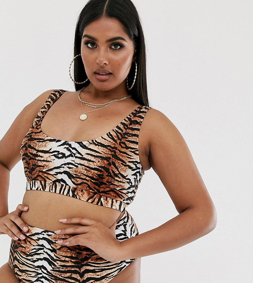 ASOS DESIGN curve mix and match crop bikini top in natural tiger print-Multi