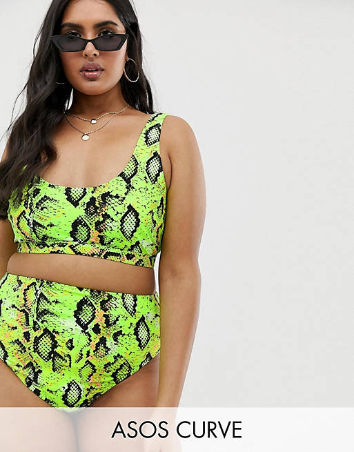 ASOS DESIGN curve mix and match crop bikini top in neon snake