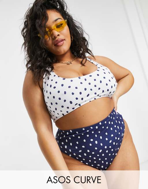 ASOS DESIGN Curve - Mix and Match - Crop top bikini blu navy a pois 
