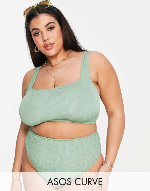 ASOS DESIGN Curve - Mix and Match - Crop top bikini in tessuto stropicciato kaki con scollo quadrato