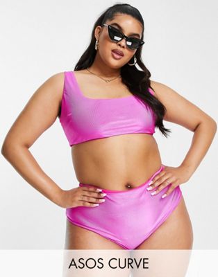 ASOS DESIGN Curve mix and match mirror satin rib crop bikini top in bright pink - ASOS Price Checker