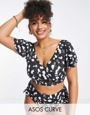 ASOS DESIGN Curve mix and match flutter sleeve wrap bikini top in mono spot print 