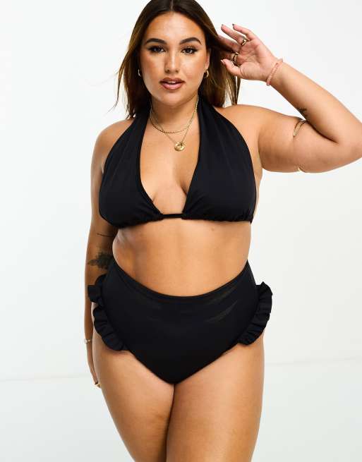 ASOS DESIGN Fuller Bust mix and match ruffle triangle bikini top with clasp  back in black