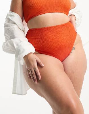 ASOS DESIGN Curve - Mix and Match - Gekräuselte Bikinihose in kräftigem Orange mit hohem Beinausschnitt und hohem Bund