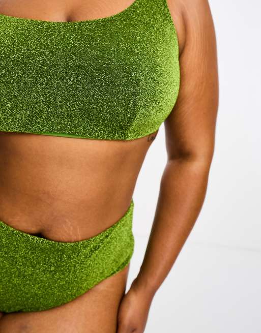 ASOS DESIGN Curve mix and match glitter square neck crop bikini top in green , 4 of 4