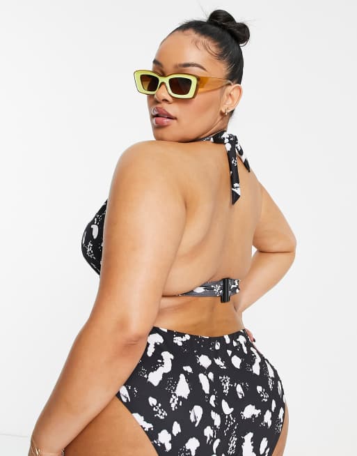 ASOS DESIGN Curve mix and match halter plunge bikini top in mono spot print