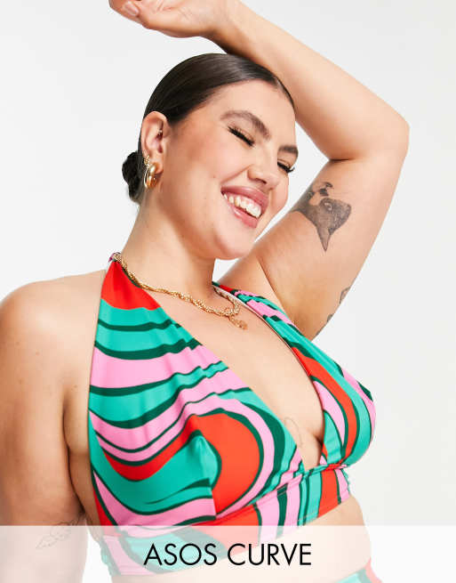 Asos Design Curve Mix And Match Halter Plunge Bikini Top In Swirl Print Asos