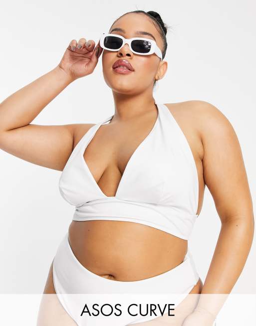 ASOS DESIGN Curve mix and match halter plunge bikini top in white