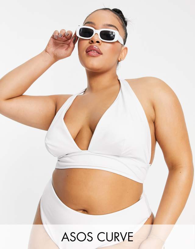 ASOS DESIGN Curve mix and match halter plunge bikini top in white