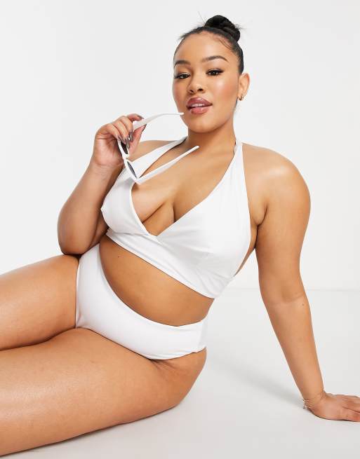 ASOS DESIGN Curve mix and match halter plunge bikini top in white