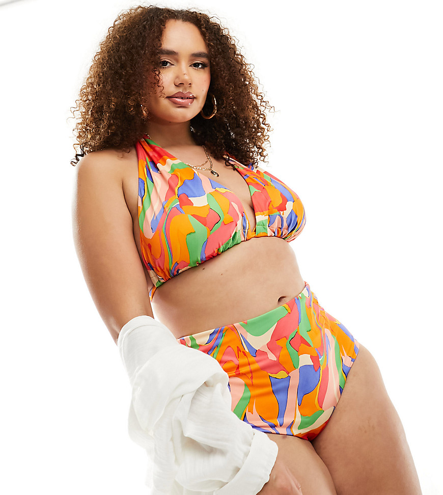 ASOS DESIGN Curve mix and match high triangle bikini top in vibrant abstract print-Multi