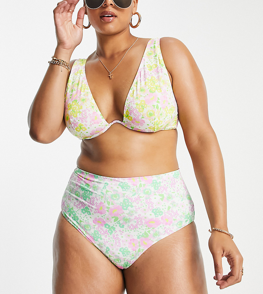 ASOS DESIGN Curve mix and match high waist bikini bottom in mixed ditsy floral print-Multi