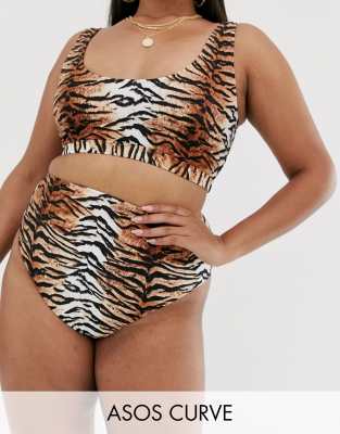 ASOS DESIGN curve mix and match high waist bikini bottom in natural tiger print-Multi