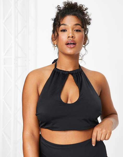 Black Plus Ribbed Keyhole Halter Top