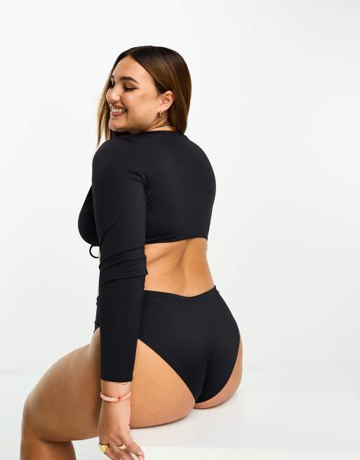 ASOS DESIGN Curve mix and match long sleeve tie front bikini top in black