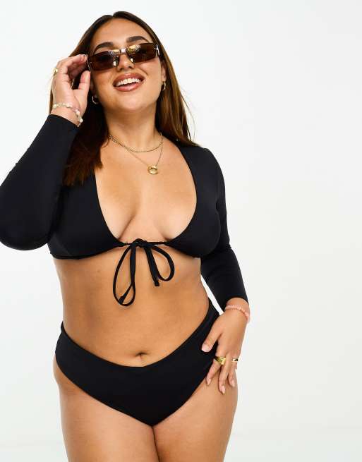 ASOS DESIGN Curve mix and match long sleeve tie front bikini top in black