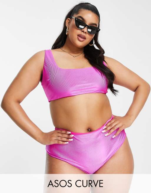 mixer Stof Verminderen ASOS DESIGN Curve mix and match mirror satin rib crop bikini top in bright  pink | ASOS