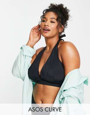 ASOS DESIGN Curve - Mix and Match - Neckholder-Bikinioberteil in Schwarz mit tiefem Ausschnitt