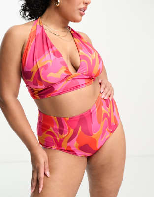 ASOS DESIGN Curve - Mix and Match - Neckholder-Bikinioberteil mit abstraktem Wirbelmuster und tiefem Ausschnitt-Bunt