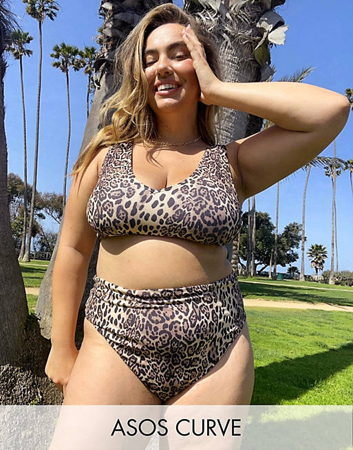 Swimwear & Beachwear Curve mix and match rib high waist bikini bottom in leopard print 