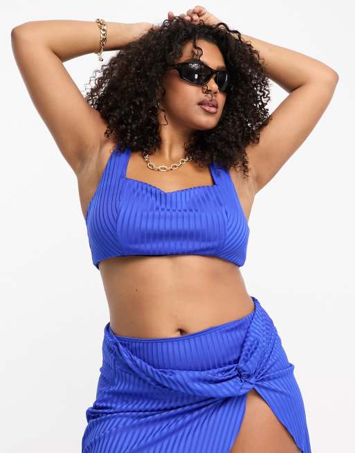 ASOS DESIGN Curve mix and match rib square neck crop bikini top in cobalt blue, 3 of 4