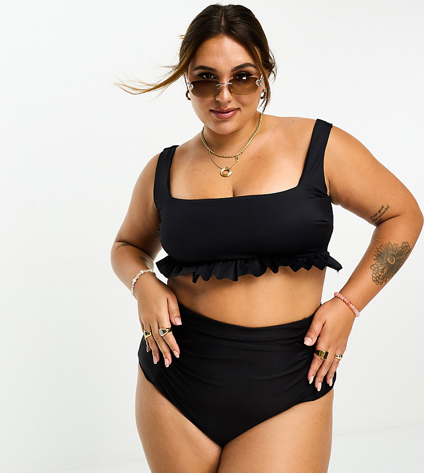 ASOS DESIGN Curve mix and match ruched front high waist bikini bottom in black