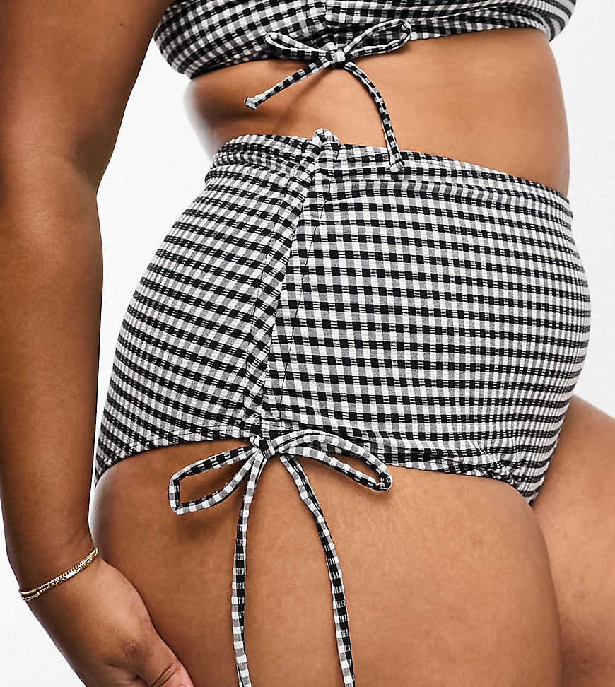 ASOS DESIGN Curve mix and match seersucker adjustable leg high waist bikini bottom in mono gingham-Multi