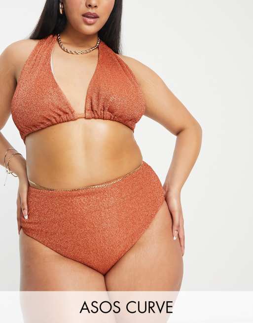 ASOS DESIGN Curve - Mix and Match - Slip bikini color ruggine glitterato a vita alta