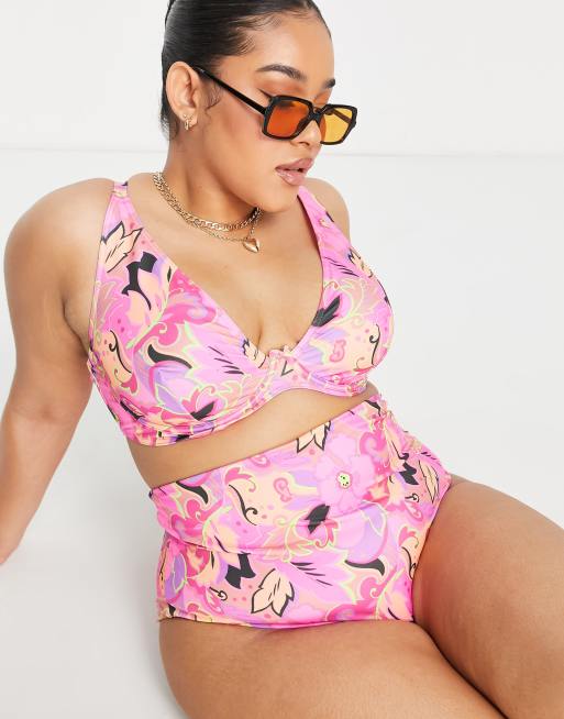 ASOS DESIGN Curve mix and match step front underwire bikini top in bold  floral print