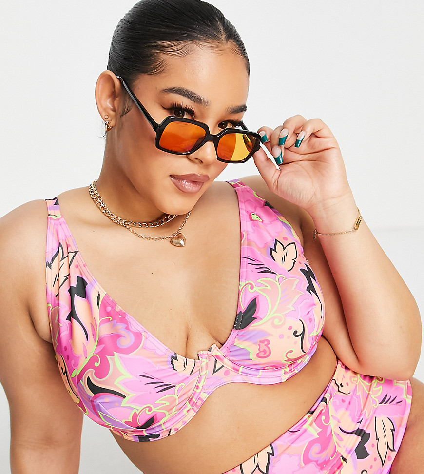 ASOS DESIGN Curve mix and match step front underwired bikini top in bold floral print-Multi