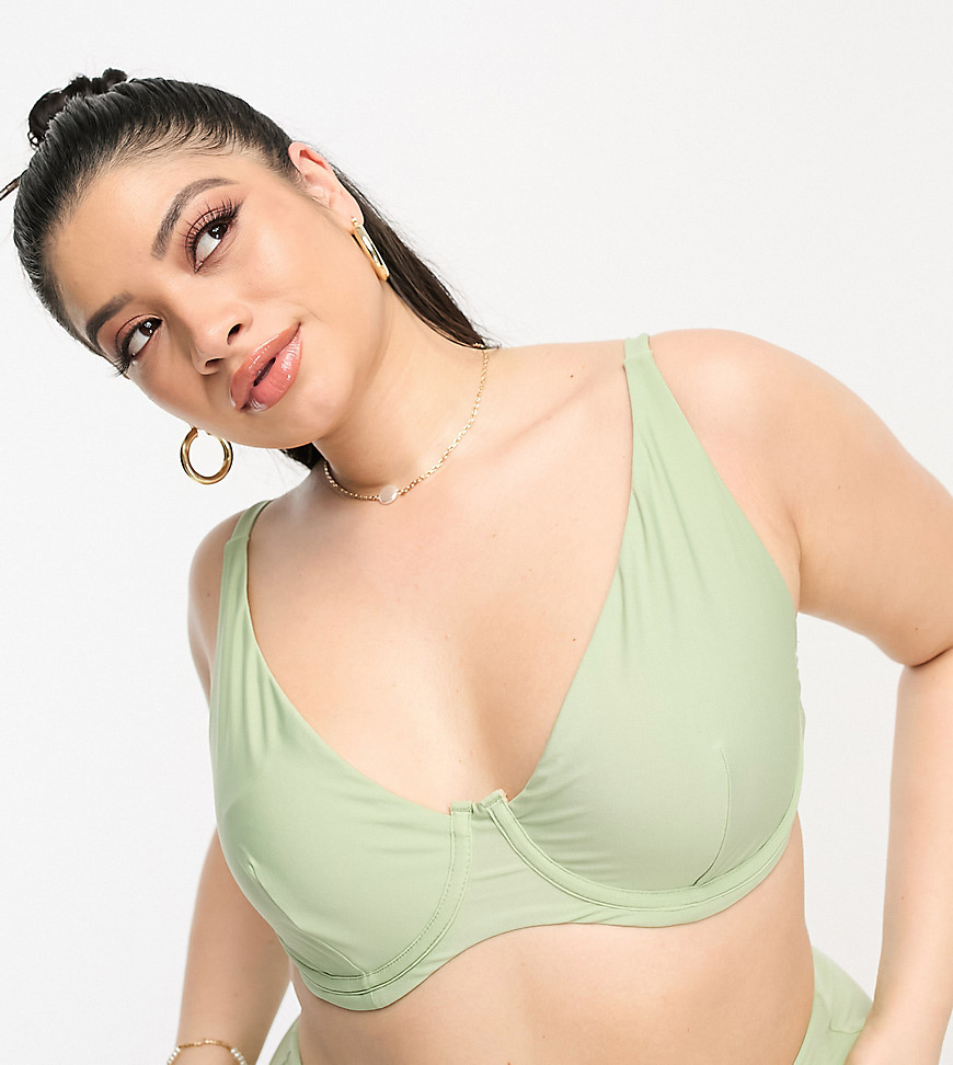ASOS DESIGN Curve mix and match step front underwired bikini top in sage green