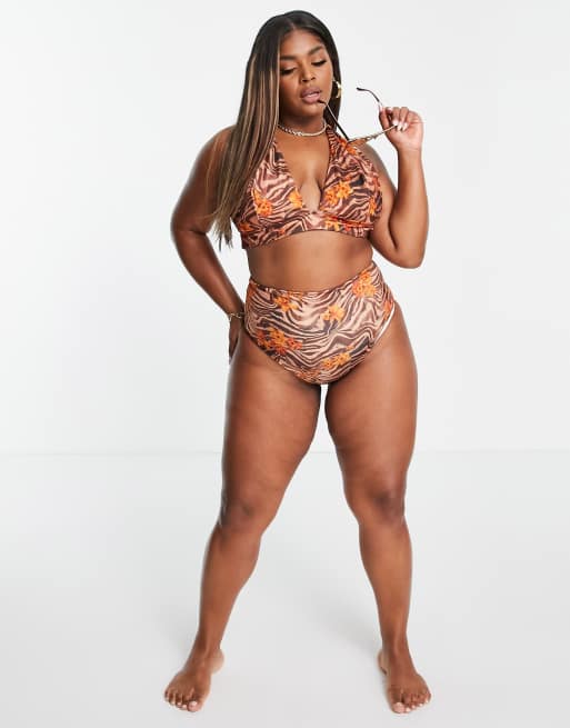 ASOS DESIGN Curve - Mix and Match - Top bikini allacciato al collo con scollo profondo e stampa zebrata tropicale , 4 di 4