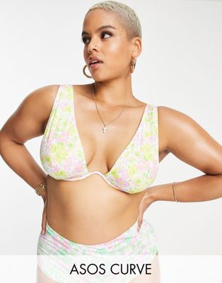 ASOS DESIGN Curve mix and match v underwired bikini top in mixed ditsy floral print