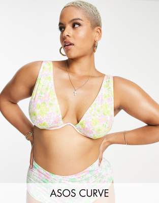 ASOS DESIGN Curve mix and match v underwired bikini top in mixed ditsy floral print