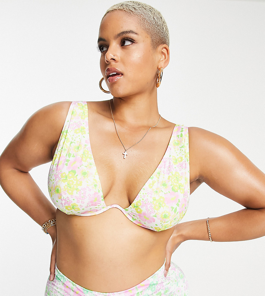 ASOS DESIGN Curve mix and match v underwired bikini top in mixed ditsy floral print-Multi