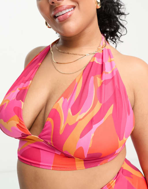 ASOS DESIGN Curve - Mix en match - Diepuitgesneden bikinitopje met halternek in abstracte wervelprint , 4 van 4