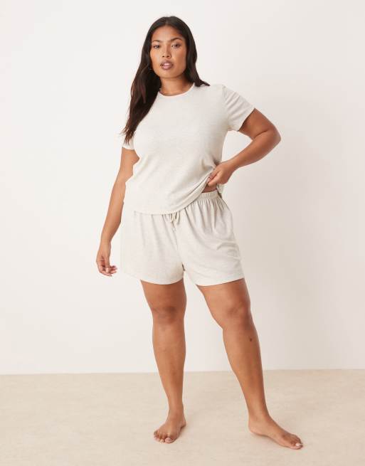 ASOS DESIGN Curve - Mix en match - Oversized geribbeld pyjama-T-shirt met zijsplit in beige, 2 van 4