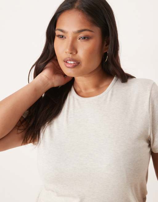 ASOS DESIGN Curve - Mix en match - Oversized geribbeld pyjama-T-shirt met zijsplit in beige, 3 van 4